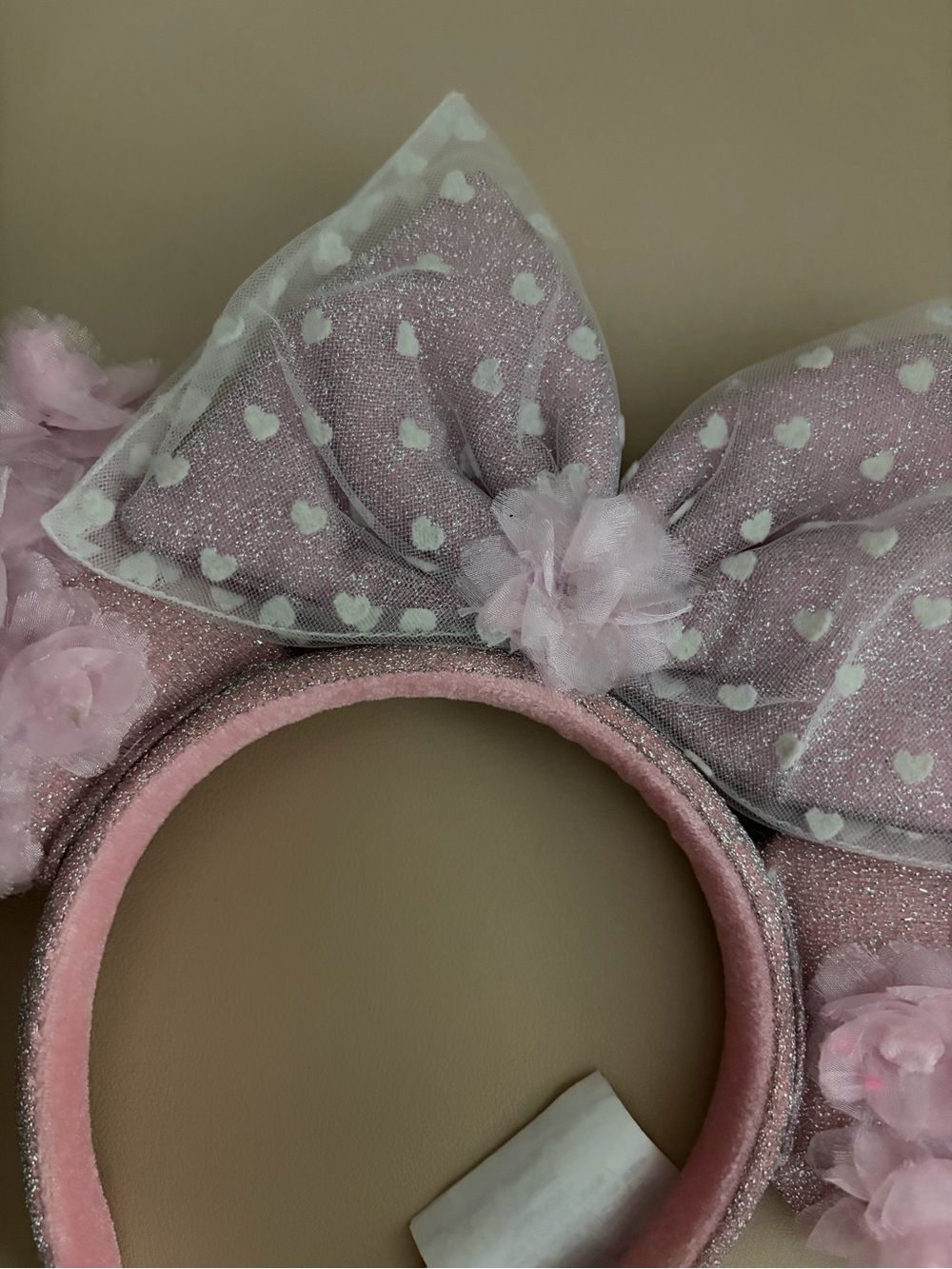 Disney Parks Pink Sparkle Minnie Mouse Ears Headband with Floral & Hearts Bow - Picture 8 of 12
